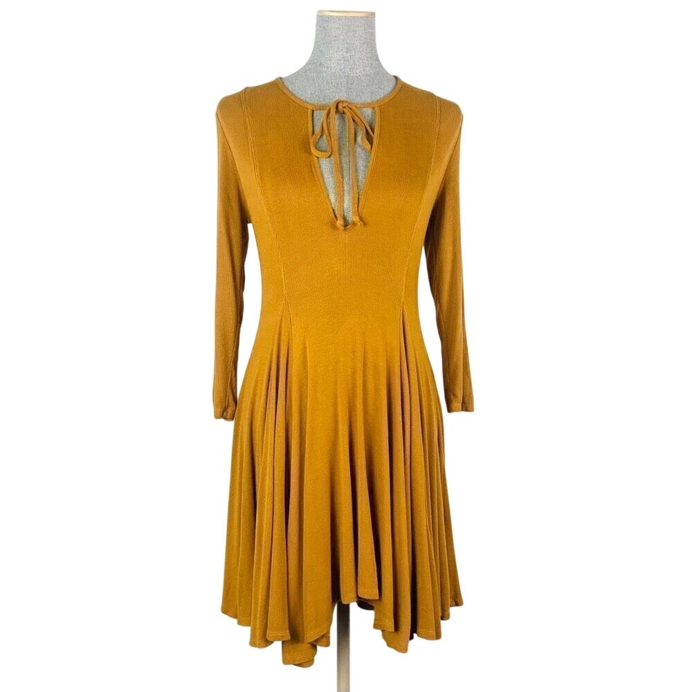 Free People Beach Dress‎ Women Small Mustard Tie Front Asymmetrical Hem Godet